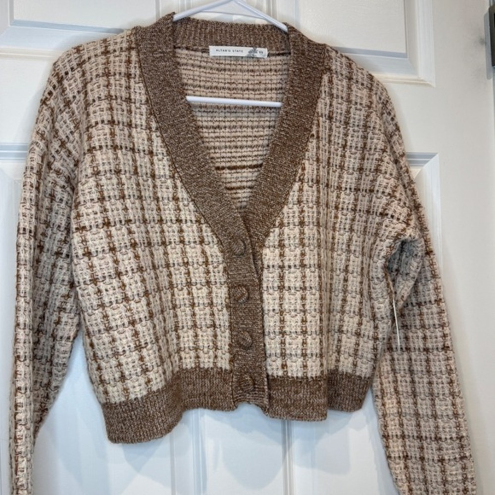 Altar'd State Brown Plaid Cropped Cardigan Sweater Size XXS Button Front V-Neck - Picture 3 of 7